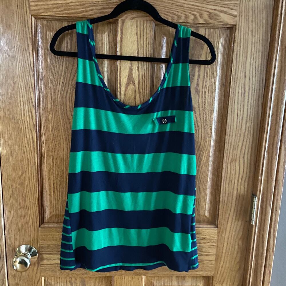 Susan Lawrence Striped Tank Top Size Medium Nautical Navy Green Buttons Boat
